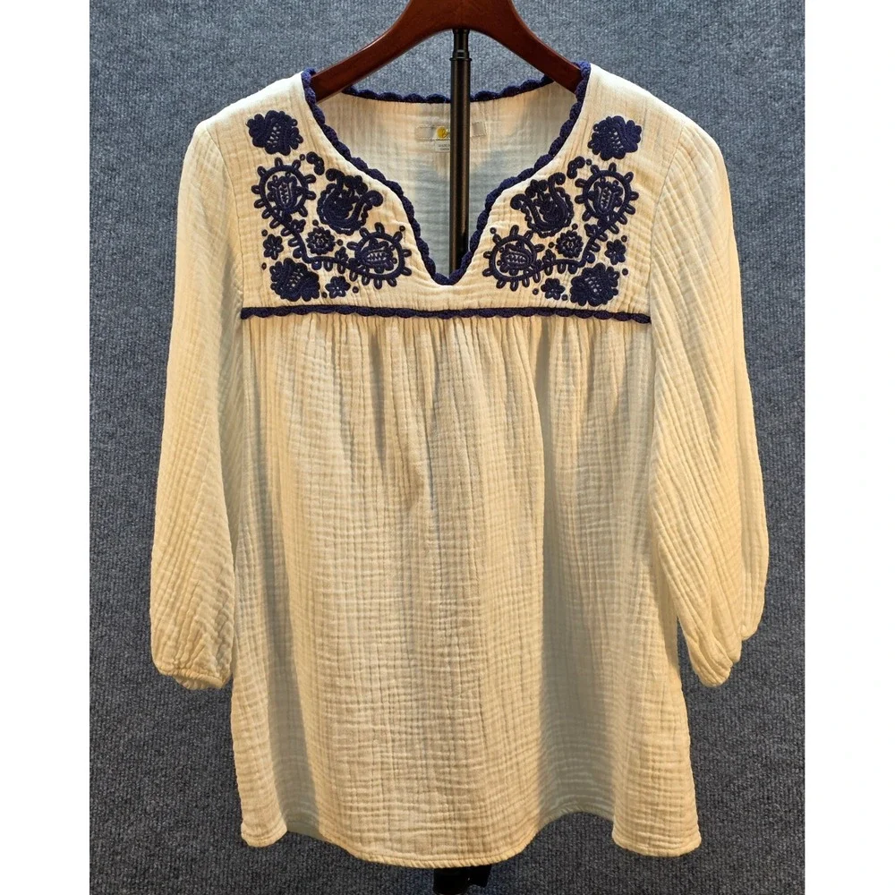 Boden Embroidered Gauze Blouse Women Boho V-Neck White Navy US 8 Excellent